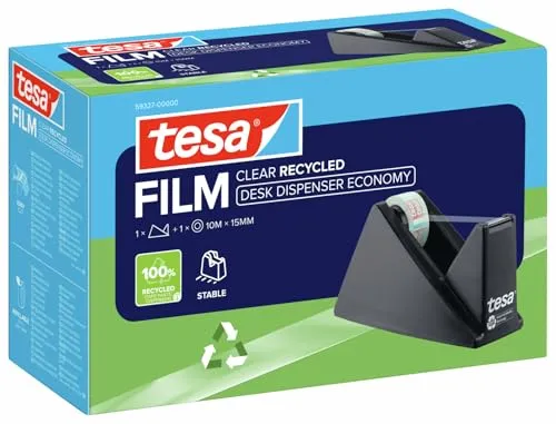 tesa Desk Dispenser Economy Recycles - Gehäuse 100% recycelter Kunststoff aus Produktionsresten - Klebeband Tischabroller mit 1 Rolle film Clear Recycled 10 m x 15 mm