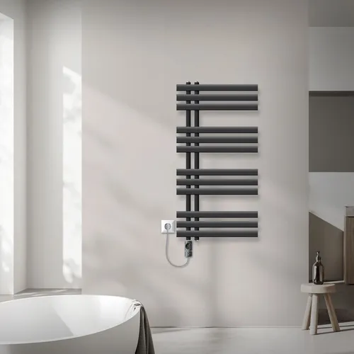 Iron EM Handtuchheizkörper 50x100cm mit 600W Heizstab - Designheizkörper in Anthrazit, sofort ab Lager lieferbar, mit hoher Wärmeleitfähigkeit und Auslaufschutz durch neue Schweißtechnik.