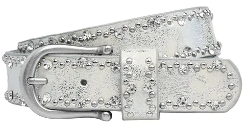 Caspar GU292 Damen Gürtel mit Strass und Nieten - Eleganter Damen Gürtel in Silber mit dezentem Strass- und Nieten-Dekor, ideal für jeden Anlass. Verfügbar in Größe 95 für einen Hüftumfang von 96-100 cm.