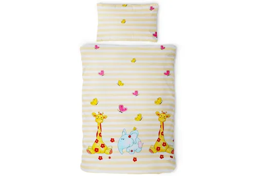 Gräfenstayn Kinderbettwäsche Set mit Tiermotiv und integriertem Reißverschluss - aus 100% Baumwolle, 2 teilig, Deckenbezug 135x100cm und Kissenbezug 60x40cm (Giraffe/Elefant)