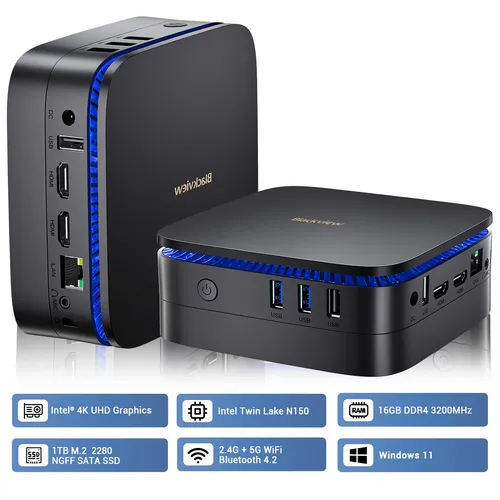 Blackview Mini PC Intel N150 16GB+1TB SSD - Mini PC mit Windows 11 Pro, leistungsstark bis zu 3,6 GHz, ideal für Gaming, Büro und Grafikdesign. Unterstützt duale Bildschirme und bietet integriertes Wi-Fi und Bluetooth.