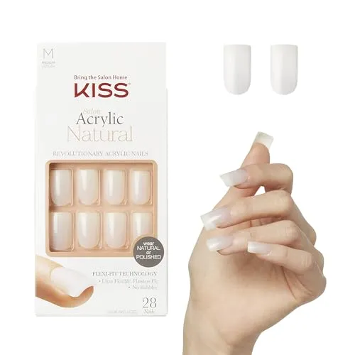 KISS Salon Acrylic Natural "Euphoria" weiß millellang Squoval Form - 28 Press On Kunst-Nägel zum Aufkleben DIY, 2g Nagelkleber, 1 Maniküre-Stäbchen, 1 Mini-Feile