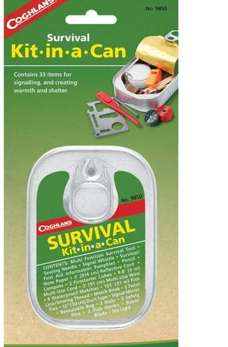 Coghlans Survival Kit Kit-in-a-Can - Survivalkit in wasserdichter Dose mit essenziellen Tools wie Feuerstarter, Kompass und mehr. Ideal für Notfälle und Outdoor-Abenteuer!