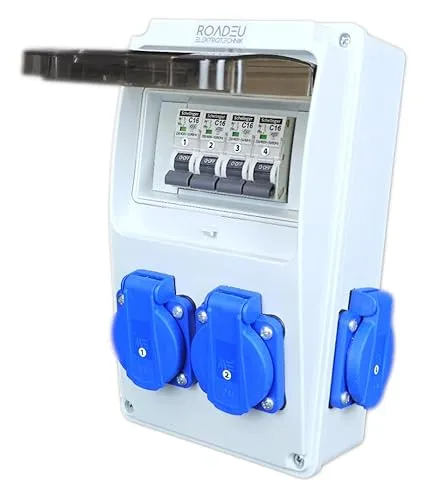 RoadEu Stromverteiler 230V - 4x Schuko Steckdose mit Schalter - Verteilerkästen für Indoor/Outdoor mit IP54-Schutz, ideal für Baustellen. 4x 230V Schuko Dosen mit Leistungsschaltern C16A für optimale Sicherheit und einfache Wandmontage.