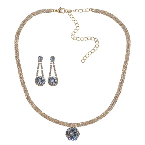 Steuer Kette Collier Ohrring gelb vergoldet Glas stein weiß glanz Mode funkeln