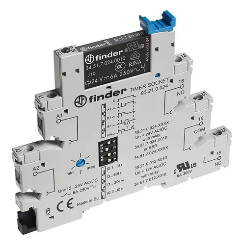 Finder 38.21.0.024.0060 Zeitrelais 24 V DC/AC - Schlankes Zeitrelais für DIN-Schiene mit 4 Zeitfunktionen und einstellbaren Zeitbereichen bis 6 Stunden. Ideal für präzise Steuerungsanwendungen.