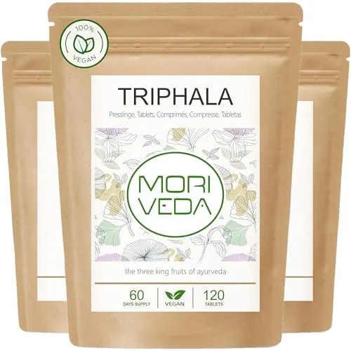 MoriVeda Triphala Presslinge hochdosiert, 1000mg vegan, aus Ayurveda Königsfrüchten Amla, Haritaki und Bibhitaki, 3x 120 Presslinge