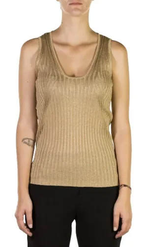 Emporio Armani Damen Stricktop Gold - Elegantes ärmelloses Stricktop von Emporio Armani in Gold mit Glanzeffekt und feiner Rippstruktur. Ideal für vielseitige Looks, ob im Büro oder für besondere Anlässe. Hochwertige Materialmischung sorgt für Tragekomfort und Formstabilität.