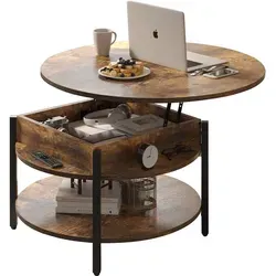 FABATO Runder Couchtisch mit Lift-System und Stauraum – Rustikaler Landhausstil - Stylischer FABATO Couchtisch im rustikalen Landhausstil mit höhenverstellbarer Tischplatte. Bietet Stauraum für Wohnaccessoires und Zeitschriften. Ideal für gemütliche Abende oder entspannte Lesestunden.