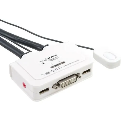 InLine KVM Switch 2-fach DVI-D USB mit Audio - KVM Switch für 2 Computer, unterstützt DVI-D und USB, inklusive 0,9m integrierten Kabeln, ideal für effizientes Arbeiten und Platzersparnis.