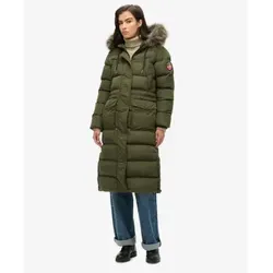 Superdry Damen Langer Everest Kunstfellmantel Army Kaki 40 - Funktionsjacke mit lässiger Passform, abnehmbarer Kapuze und durchgehender Wattierung – ideal für kalte Tage und stylische Auftritte.