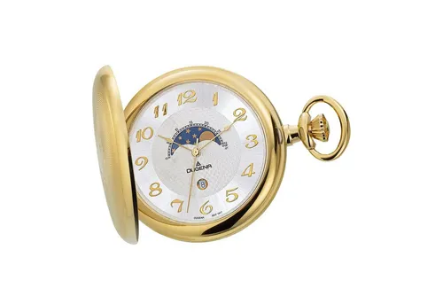 Dugena 4460306 Savonette Taschenuhr mit Kette - Herren Taschenuhr mit Datum und Mondphase, 50mm Gehäuse aus Gelbgold, ideal für stilbewusste Männer, inklusive Original-Box.