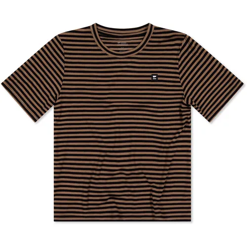 Mons Royale Damen Icon Merino T-Shirt mr stripe toffee (980) S - Vielseitiges Damen T-Shirt aus hochwertiger Merinowolle, ideal für Freizeit und Wanderungen. Atmungsaktiv und geruchshemmend, bietet es ganzjährige Klimakontrolle und optimalen Tragekomfort.
