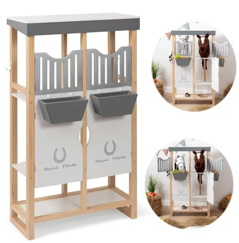 ELLA & PIET® Hobby Horse Stall Shelty aus Holz - Robuster Pferdestall aus Holz für 2 Hobby Horse Pferde, mit 2-teiliger Tür für einfaches Öffnen und Schließen. Ideal für kreatives Spielen im Kinderzimmer.