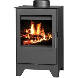 Kaminofen Victoria Parma L schwarz - raumluftunabhängig, 5 kW - Effizienter Kaminofen mit 80% Wirkungsgrad. Ideal für moderne Wohnbauten dank externem Verbrennungsluftanschluss. Kompakte Abmessungen und elegantes Design für behagliche Wärme.