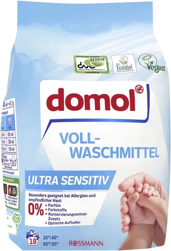 domol Waschmittel Pulver, 1,215 kg - Ultra Sensitiv - Waschmittel für empfindliche Haut, getestet vom Deutschen Allergie- und Asthmabund e.V., mit kraftvollem Enzym-Mix für tiefenwirksame Reinigung ab 20°C und Anti-Grauschleier-Effekt.