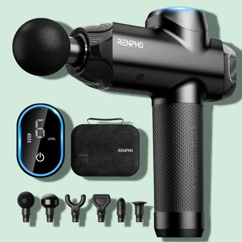 RENPHO R3 Power Massagepistole, 12MM Amplitude Massage Gun Massagegerät mit Type-C Ladeanschluss, 6 Massageköpfen Masagegäret Pistole mit LED Touchscreen für Rücken, Geschenke für Männer