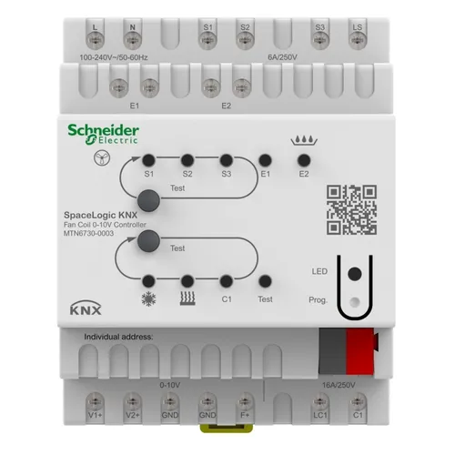 Schneider Electric SpaceLogic KNX Fan Coil MTN6730-0003 - SPS-Ein-/Ausgangsmodule mit 16 A Max. Ausgangsstrom, ideal für effiziente Heizungssteuerung in KNX-Systemen.