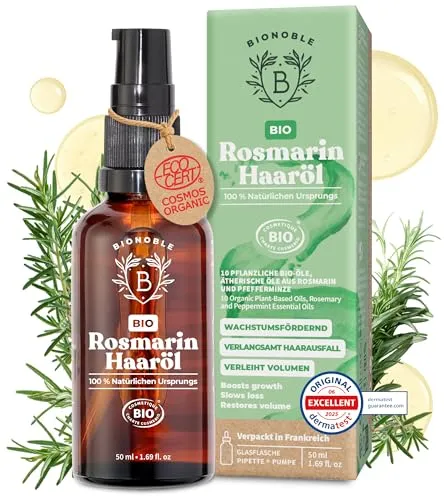 BIONOBLE Rosmarinöl für Haare Bio - 50ml Haaröl mit Pipette - Multifunktionales Rosmarinöl für Haare in 50ml Glasflasche, ideal zur Pflege aller Haartypen und zur Unterstützung des Haarwachstums. Mit 10 biologischen Pflanzenölen für intensive Pflege und Fülle.