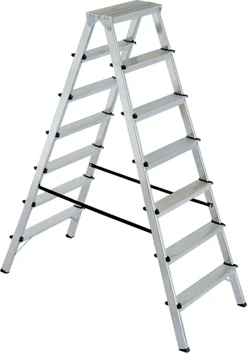 Alu-Klappleiter Doppelleiter 2x7 Stufen - Beidseitig besteigbare Alu-Doppelleiter mit einer Arbeitshöhe von 3515 mm. Zusammenklappbar, tragfähig bis 150 kg und ausgestattet mit rutschfesten Standfüßen für sicheren Aufstieg.
