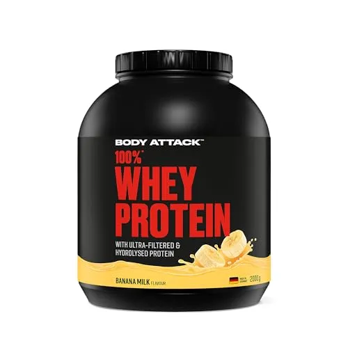 Body Attack 100% Whey Protein Banana Milk - 2 kg, extra cremig und hochwertig - Erlebe den cremigen Genuss des 100% WHEY PROTEIN mit BCAA. Ideal für intensives Training und schnelle Nährstoffaufnahme. Made in Germany, ohne Aspartam und Gluten.