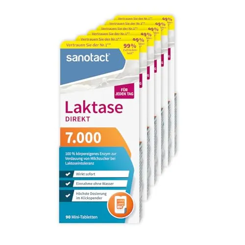 sanotact Laktase 7.000 DIREKT - Laktose Tabletten für jeden Tag - Verdauungsenzyme – Effektive Laktase-Tabletten (7.000 FCC) zur sofortigen Laktoseverdauung, ideal für unterwegs und 100% vegetarisch.