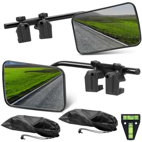 Melko Wohnwagenspiegel Set – Universal Aufsatzspiegel für Caravans - Praktisches Set mit 2 Flachspiegeln für Wohnwagen, inklusive Wasserwaage und Aufbewahrungstaschen – ideal für sicheres Fahren und einfaches Parken.
