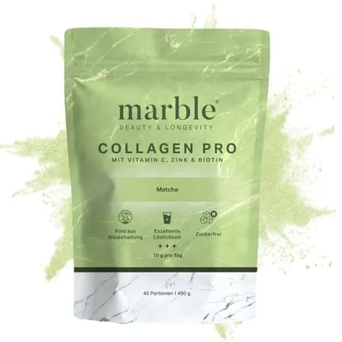 marble® Kollagen Pulver PRO 450 g - Collagen Pulver mit Matcha - Kollagen-Präparate mit Vitamin C, Zink & Biotin für strahlende Haut. Einfach in Wasser lösbar und ideal für leckere Matcha Lattes oder Detox Tees.