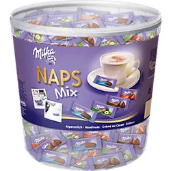 Milka Minischokolade Naps Mix, 1kg - Süßwaren mit 207 einzeln verpackten Mini-Tafeln in 4 Sorten - ideal zum Teilen oder Anbieten. Genießen Sie den schokoladigen Genuss mit mindestens 30% Kakaoanteil!