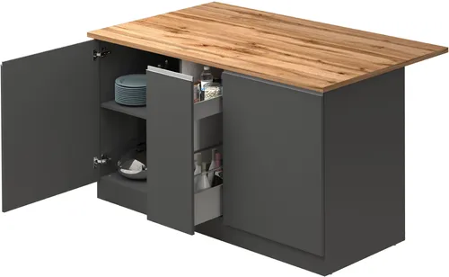 KOCHSTATION Kücheninsel KS-Sole - Kücheninsel mit Apothekerauszug und gedämpften Türen, ideal für moderne Küchen. Breite 155 cm, anthrazit matt mit wotan eichefarbener Arbeitsplatte – perfekt für kreative Kochabende!