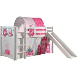 Kinderbett Karolina mit Rutsche und Textilset Princess - Hochwertiges Spielbett aus massivem Kiefernholz in Weiß. Mit Rutsche, umlaufendem Absturzschutz und einfachem Aufbau. Ideal für kreative Spielstunden und süße Träume.