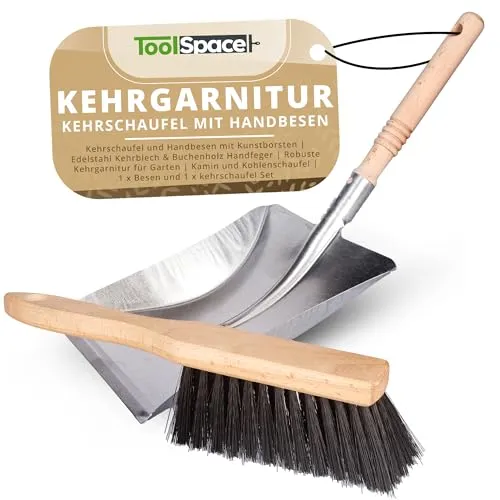 ToolSpace Handfeger und Schaufel Holz Stiel Kehrschaufel Set mit Stiel verzinkter Stahl Kehrblech Handbesen Metall Kehrgarnitur Handbesen Schaufel Kehrschaufel Metall Schaufel- & Besensets Außen/Innen