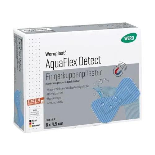 Weroplast® Wundpflaster AquaFlex Detect für Fingerkuppen (50 St) - Die Weroplast® AquaFlex Detect Fingerkuppenpflaster sind atmungsaktiv und wasserdicht. Sie bieten optimalen Tragekomfort und sind durch Metalldetektoren erkennbar. Ideal für den professionellen Einsatz im Alltag.