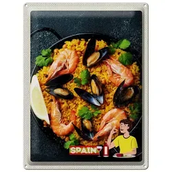 Femer GmbH Metallschild Reise 30x40cm Spanien Europa Paella Reis Muscheln, (1 St), gewölbte Oberfläche, abgerundete Ecken, umgeschlagene Kanten