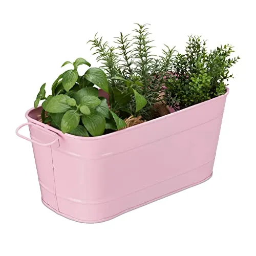 Relaxdays Blumenkasten, für Garten, Balkon & Fensterbank, zum Bepflanzen, Vintage-Optik, Metall, HBT: 16x38x19 cm, rosa