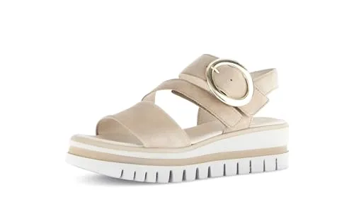 Gabor Damen Sandalen Hoch Beige - Freizeit Schuhgröße EUR 39 | UK 6 - Elegante Plateausandale aus Velourleder in beige, mit verstellbarer Schnalle für optimalen Tragekomfort. Ideal für entspannte Freizeitlooks.