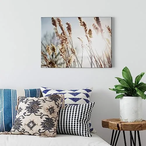 Leinwandbild Pampasgras - Kunstdruck beige blau - Poster & Kunstdrucke - Hochwertiger Kunstdruck auf Keilrahmen, handgefertigt in Deutschland, ideal für die stilvolle Wandgestaltung im Wohnzimmer.