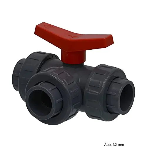 PVC 3-Wege-Kugelhahn d 50 mm von Mega - Sanitärinstallation, robuster Kugelhahn für präzise Steuerung von Flüssigkeitsströmen in Rohrleitungen.