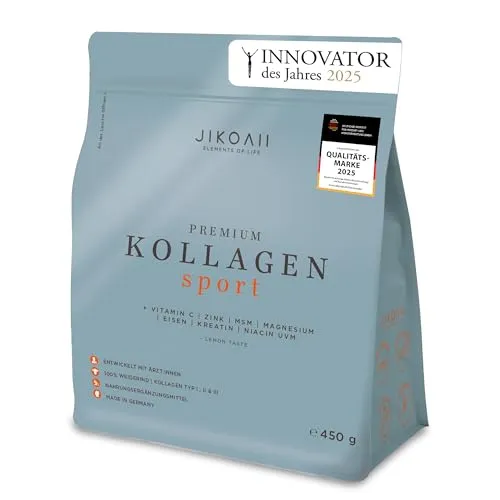 Kollagen Pulver Typ 1 2 3 - Premium Hydrolysat mit Vitamin C, Magnesium, Kreatin - 450g - 100% Weiderind - Made in Germany - Markenrohstoff SOLUGEL® Ultra BD - Gute Löslichkeit - JIKOAII® SPORT
