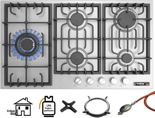 Phönix Germany Gas-Kochfeld PS-905L - 5-flammiges Gaskochen mit Zündsicherung, ideal für Profiköche und Hobbyköche. Hochwertiges Edelstahl, inklusive WOK-Aufsatz und Gasherdkreuz.