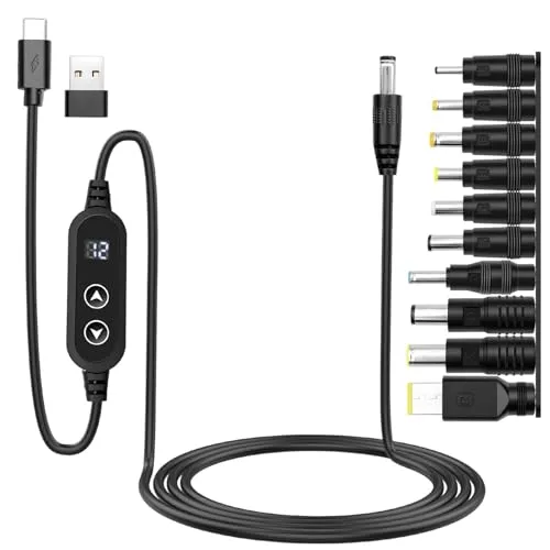 Hoembpn PD & USB auf DC 5.5x2.1mm Adapterkabel - 5V/9V/12V/15V/20V Einstellbare Spannung, mit 10 DC Steckern + Typ-C auf USB Adapter, Geeignet für Laptops, Router & mehr (1,2M)