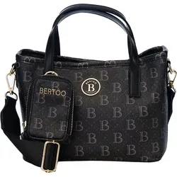 Damenhandtasche BERTOO Sara mit schwarzem Logo - Elegante Handtasche mit geräumigem Innenraum und abnehmbarem, verstellbarem Riemen. Dezente Golddetails und schützende Aufdrucke sorgen für stilvolle Funktionalität. Ideal für Reisen und den Alltag.