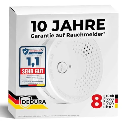 dedura Rauchmelder - 10 Jahre Garantie, BSI Zertifiziert - Rauchmelder mit 10 Jahren Garantie und BSI-Zertifizierung nach DIN EN14604. Ideal für den Innenbereich, bietet akustische und optische Alarme bei Rauchpartikeln.