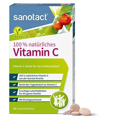 sanotact Vitamin C Lutschtabletten - 30 Stück - Vitamin C Präparate, 100% natürliches Vitamin C aus Acerola-Kirsche, ideal für die ganze Familie, auch für Kinder ab 4 Jahren geeignet.