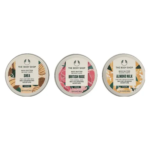 The Body Shop G2 Body Butter Trio Set 150ml - Drei köstliche Körperbutter in einem Set: Shea, Mango und British Rose. Ideal für intensive Pflege und Feuchtigkeit, perfekt für jede Haut.