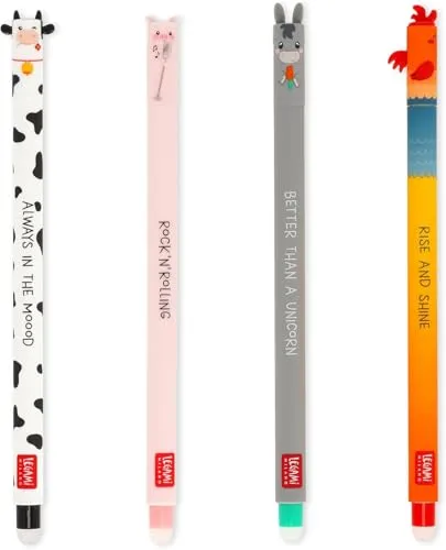 LEGAMI - 4er Set Gel Radiergummi Farm Sweet Farm Stifte, mit hitzeempfindlicher, radierbarer Tinte, schwarz, rosa, grün, rot, radiert ohne Blatt zu verbrauchen, 0,7 mm Spitze