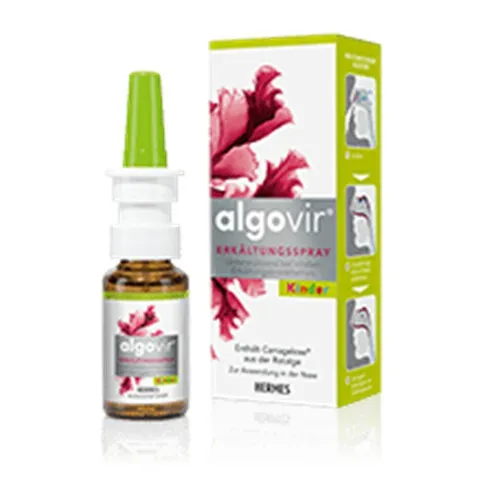 Algovir Kinder Erkältungsspray - Praktisches Nasenspray für Kinder zur Unterstützung bei Erkältungsanzeichen. Mit dem natürlichen Wirkstoff Carragelose® bildet es einen Schutzfilm auf der Nasenschleimhaut und hilft, Erkältungsviren abzufangen.