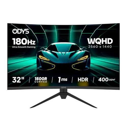 Odys XP32 PRO-X - 32 Zoll Curved Gaming Monitor - Curved Gaming Monitor mit WQHD-Auflösung (2.560 x 1.440 px), 180 Hz und 1 ms Reaktionszeit für ruckelfreie Action. Eye Care-Technologie schützt deine Augen bei langen Gaming-Sessions.