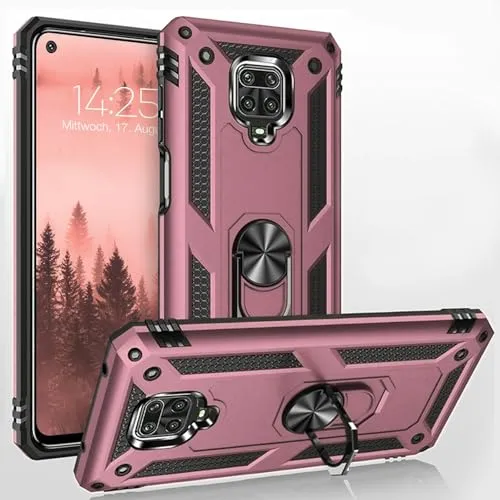 LBH Outdoor Hülle für Xiaomi Redmi Note 9 Pro Armor Militär Stoßfest Handyhülle 360 Grad Metal Ring Halter Ständer Schutzhülle für Handyhalterung Auto Magnet Rosegold