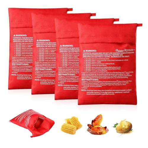 YZROHYI 4 Stück Beutel für Kartoffeln, Mikrowellen, Kartoffelbeutel, Raclette, Potato Express, Kartoffelbeutel, Aufbewahrung, Backbeutel, wiederverwendbar – Rot